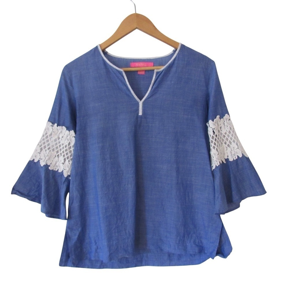Lilly Pulitzer Amelia Island Flounce Sleeve Tunic Top XS Blue Boho Nautical